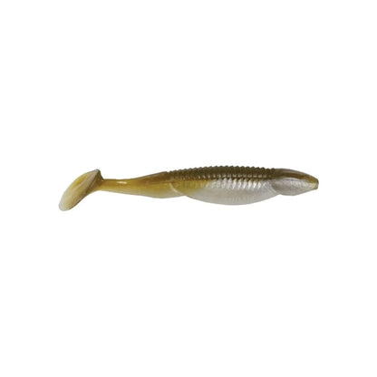 The Reaction Innovations Little Dipper Swimbaits by Reaction Innovations are soft plastic lures shaped like small fish, featuring a ribbed body and paddle tail in brown and white hues to mimic real fish for successful fishing adventures.