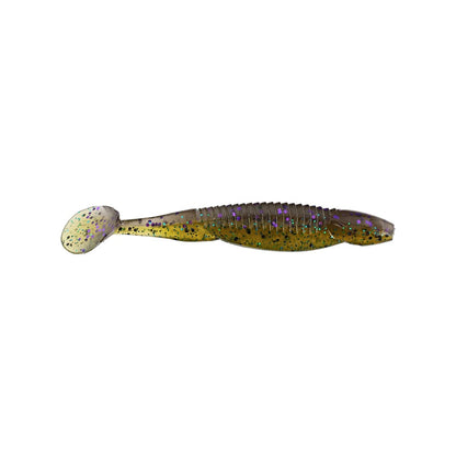 Introducing the Reaction Innovations Little Dipper Swimbaits: a multicolored rubber lure featuring green, yellow, and purple specks on its segmented body with a paddle tail, ideal for Alabama rigs. This standout swimbait ensures you attract the catch of the day.