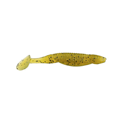 The Reaction Innovations Little Dipper Swimbaits, offered by Reaction Innovations, is a yellow lure with black specks. It has a ribbed body and round flat tail to mimic fish movement, making it ideal for anglers seeking attention-grabbing swimbaits.