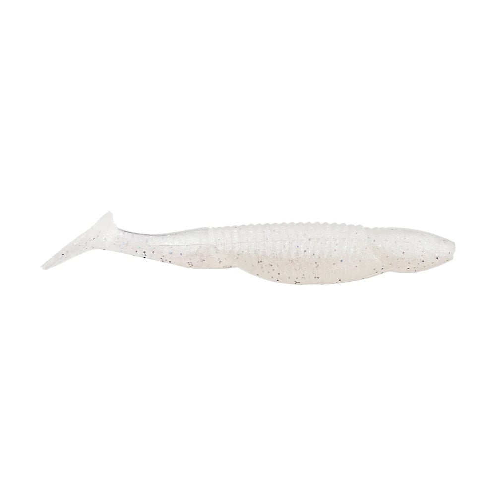 The Reaction Innovations Little Dipper Swimbaits by Reaction Innovations is a soft, white swimbait made of plastic. It resembles a small fish with a paddle tail and textured body, featuring subtle speckles to mimic baitfish movement.