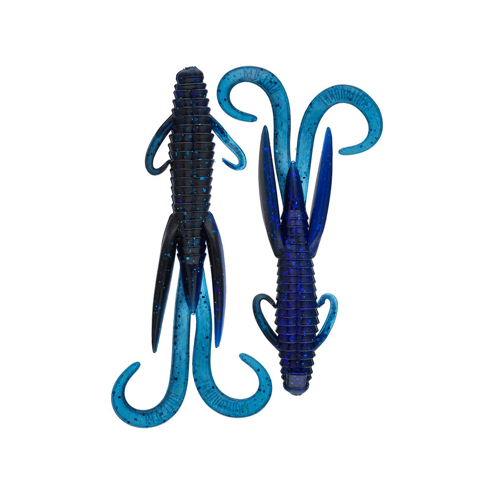 Two blue and black Reaction Innovations Man Bear Pig creature bait lures with ribbed bodies, multiple curled tails, and side appendages, ideal for flipping; displayed from top and bottom views on a white background.