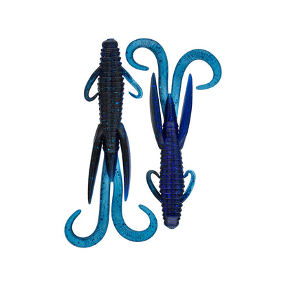 Two blue and black Reaction Innovations Man Bear Pig creature bait lures with ribbed bodies, multiple curled tails, and side appendages, ideal for flipping; displayed from top and bottom views on a white background.