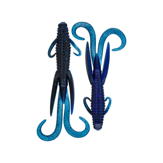 Two blue and black Reaction Innovations Man Bear Pig creature bait lures with ribbed bodies, multiple curled tails, and side appendages, ideal for flipping; displayed from top and bottom views on a white background.