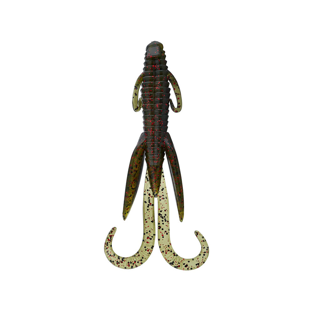 The Reaction Innovations Man Bear Pig by Reaction Innovations is a soft plastic creature bait mimicking a crawfish, in dark green with red speckles, featuring twin curly tails and side appendages, shown on a white background.