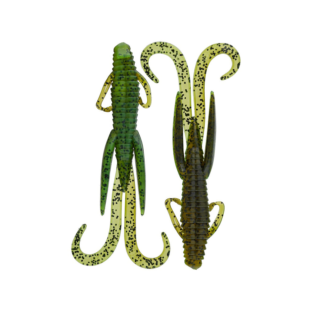 Two green Reaction Innovations Man Bear Pig creature baits by Reaction Innovations, featuring soft plastic, ribbed bodies, leg-like appendages, black speckles, and long curly tails—ideal for flipping—displayed on a white background.