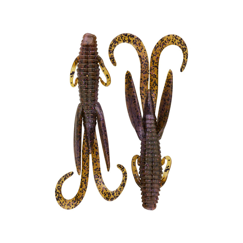 Two Reaction Innovations Man Bear Pig soft plastic baits in brown and yellow, with ribbed bodies, curved tails, and appendages resembling crawfish or insect larvae—ideal for flipping—are shown on a white background.