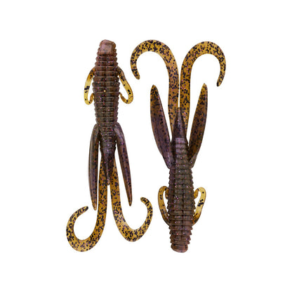 Two Reaction Innovations Man Bear Pig soft plastic baits in brown and yellow, with ribbed bodies, curved tails, and appendages resembling crawfish or insect larvae—ideal for flipping—are shown on a white background.