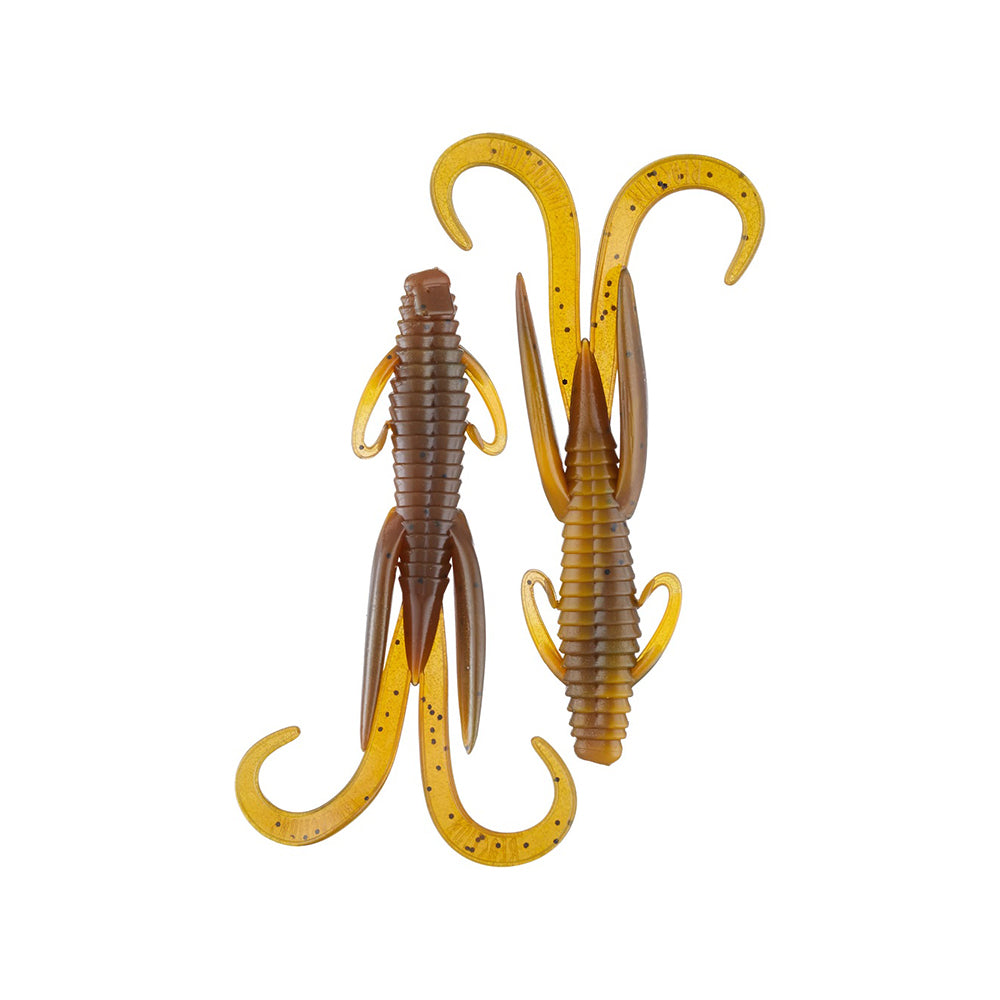 Two Reaction Innovations Man Bear Pig soft plastic creature baits by Reaction Innovations, featuring ribbed brown and yellow bodies with curved tails and multiple appendages—ideal for flipping—are shown on a white background.