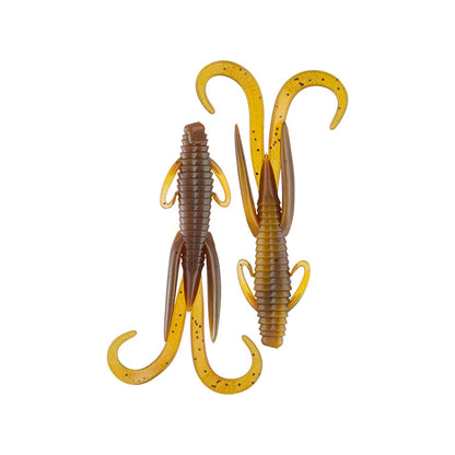 Two Reaction Innovations Man Bear Pig soft plastic creature baits by Reaction Innovations, featuring ribbed brown and yellow bodies with curved tails and multiple appendages—ideal for flipping—are shown on a white background.