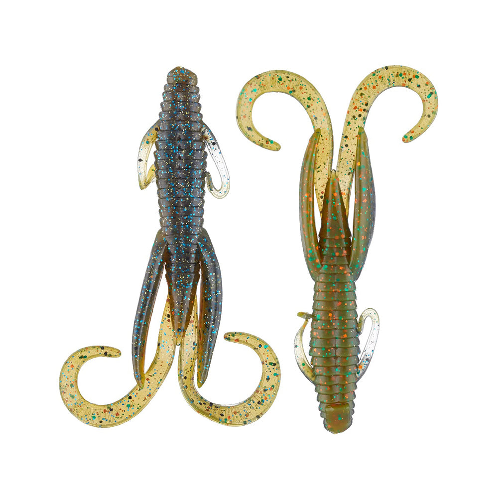 Two Reaction Innovations Man Bear Pig soft plastic creature baits by Reaction Innovations are shown side by side. Ideal for flipping, one is dark green with blue speckles; the other is light green with orange and green speckles.