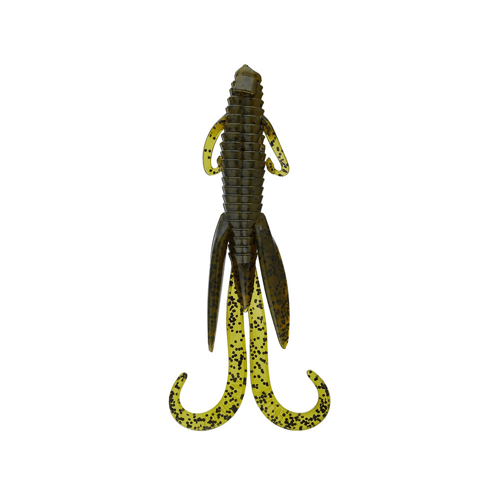 The Reaction Innovations Man Bear Pig by Reaction Innovations is a crawfish-shaped creature bait with a ribbed greenish-brown body, yellow curly twin tails and claws, and black speckles—perfect for flipping—shown on a white background.