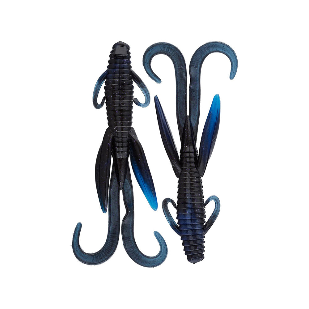 The Reaction Innovations Man Bear Pig soft plastic baits feature ribbed bodies, curled tails, and multiple appendages in dark blue and black with blue highlights—ideal for flipping into heavy cover.
