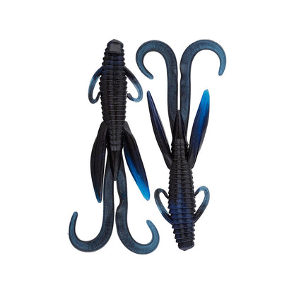 The Reaction Innovations Man Bear Pig soft plastic baits feature ribbed bodies, curled tails, and multiple appendages in dark blue and black with blue highlights—ideal for flipping into heavy cover.
