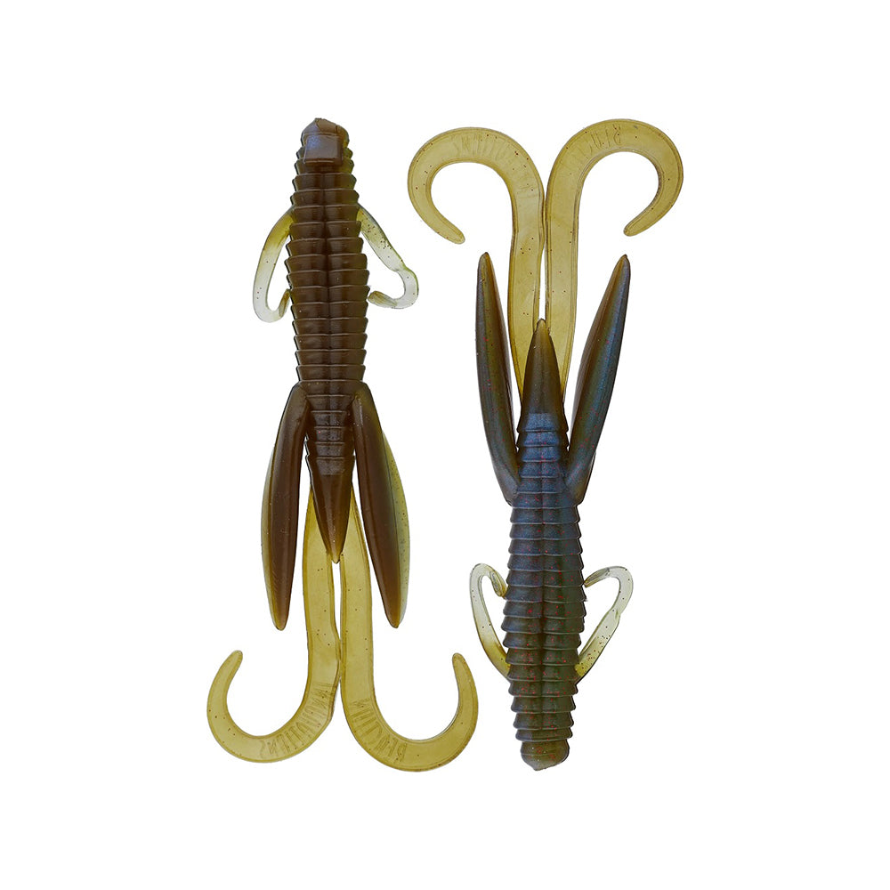 The Reaction Innovations Man Bear Pig by Reaction Innovations is a soft plastic creature bait with a ribbed body, curled tail, and wing-like appendages in brown and olive green, displayed on a white background—ideal for flipping.