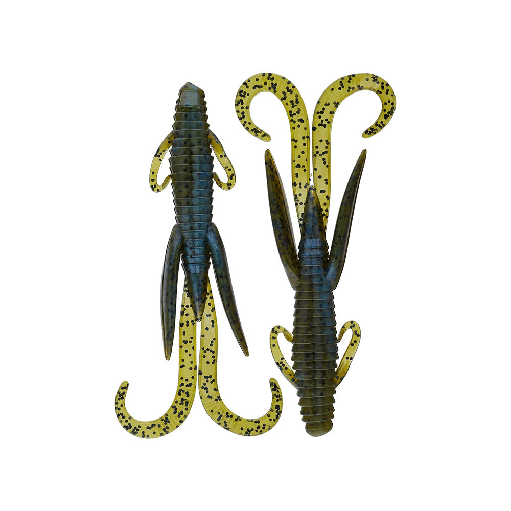 Two Reaction Innovations Man Bear Pig soft plastic creature baits by Reaction Innovations, with ribbed bodies, fin-like appendages, and curled tails in greenish-yellow with black speckles—ideal for flipping—on a white background.