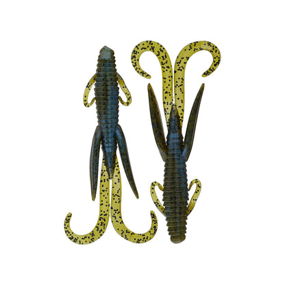 Two Reaction Innovations Man Bear Pig soft plastic creature baits by Reaction Innovations, with ribbed bodies, fin-like appendages, and curled tails in greenish-yellow with black speckles—ideal for flipping—on a white background.