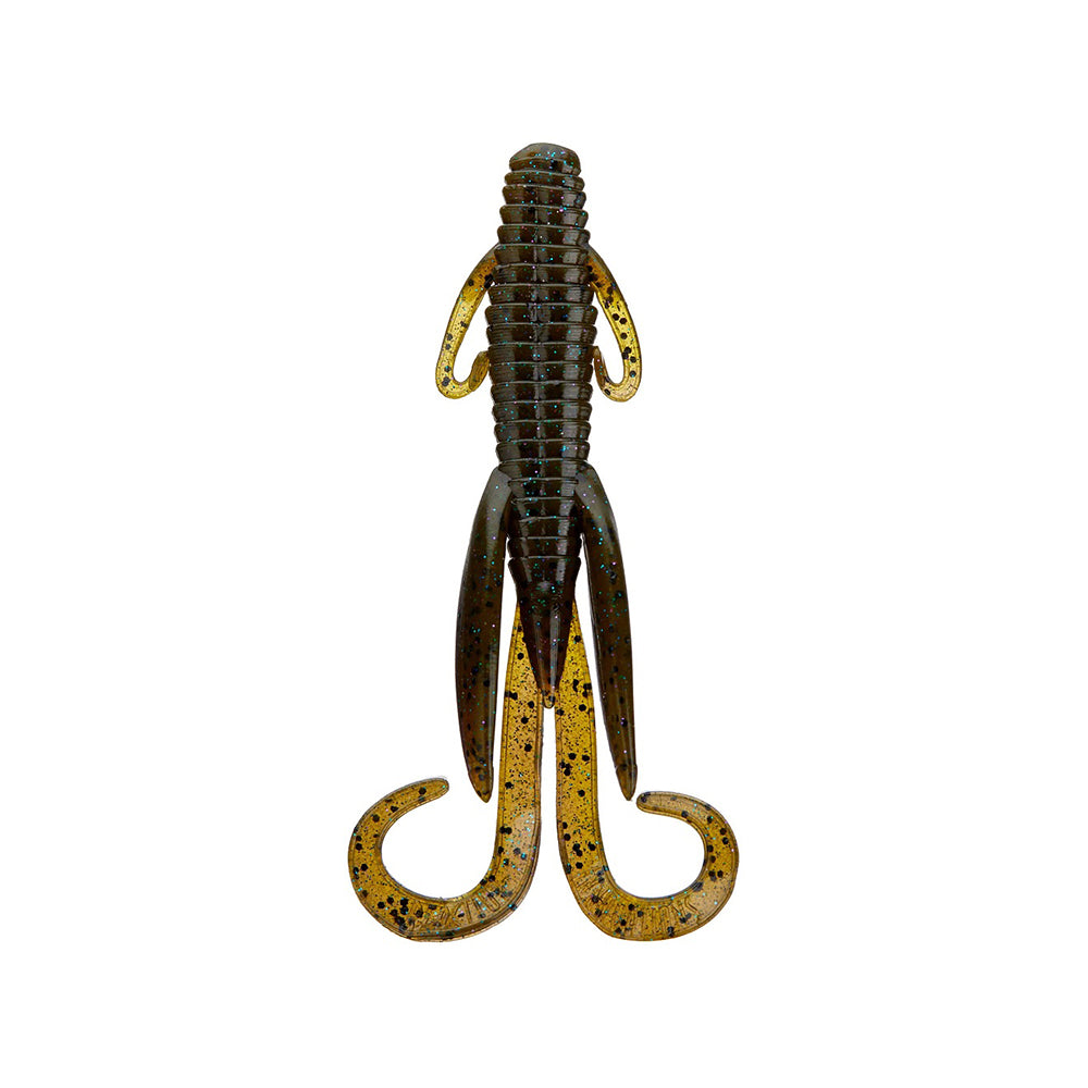 The Reaction Innovations Man Bear Pig by Reaction Innovations is a soft plastic creature bait with two curled tails, multiple appendages, and a segmented insect-like body, ideal for flipping. It features dark green/yellow colors with black speckles.