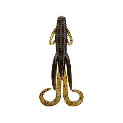 The Reaction Innovations Man Bear Pig by Reaction Innovations is a soft plastic creature bait with two curled tails, multiple appendages, and a segmented insect-like body, ideal for flipping. It features dark green/yellow colors with black speckles.