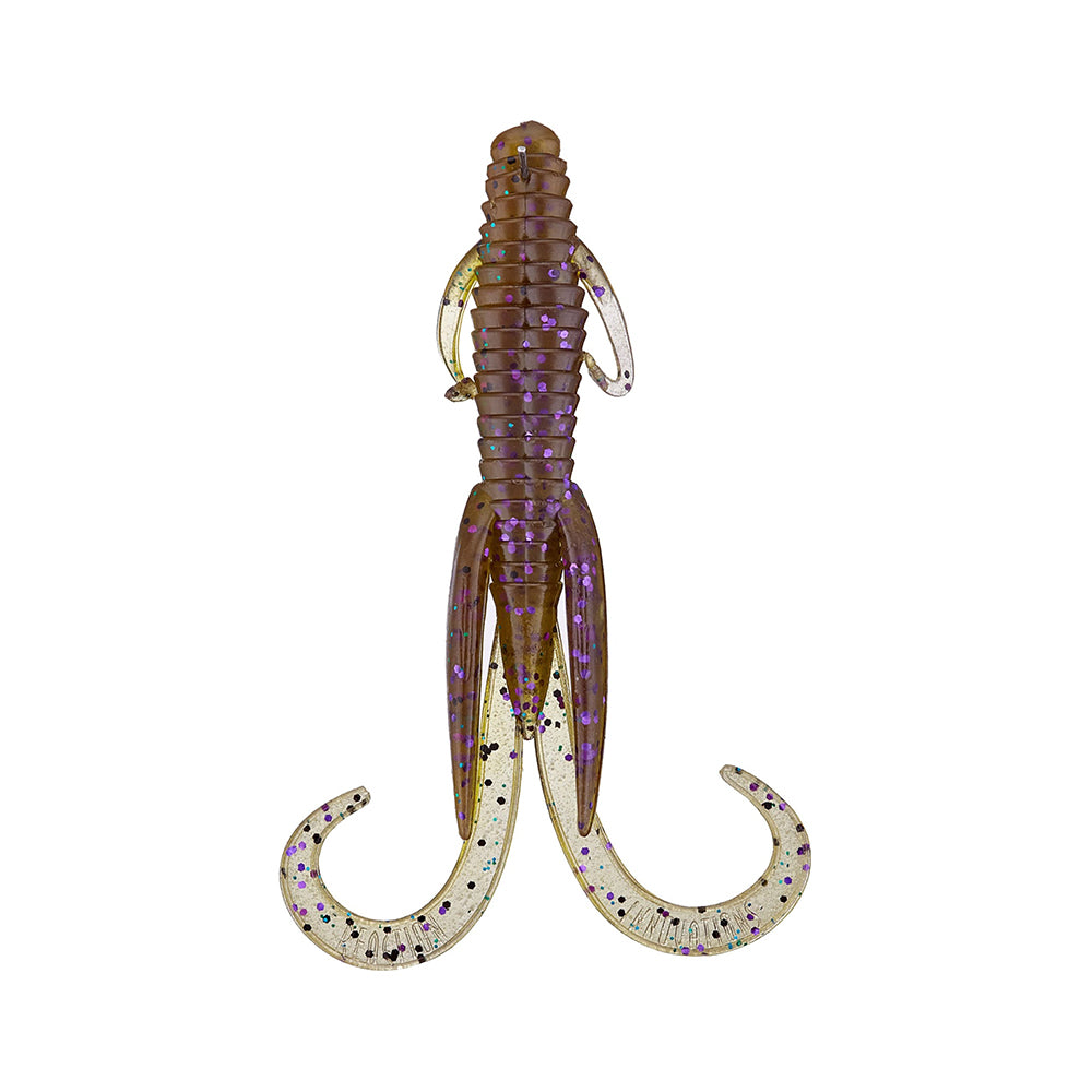 The Reaction Innovations Man Bear Pig by Reaction Innovations is a brown crawfish-shaped plastic creature bait with purple and black speckles, two curled tails, and multiple legs—ideal for flipping—shown on a white background.