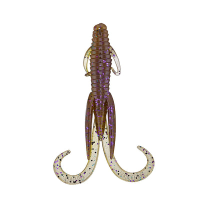 The Reaction Innovations Man Bear Pig by Reaction Innovations is a brown crawfish-shaped plastic creature bait with purple and black speckles, two curled tails, and multiple legs—ideal for flipping—shown on a white background.