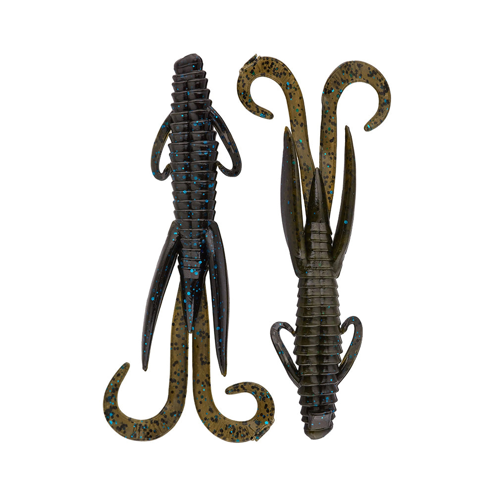 Two Reaction Innovations Man Bear Pig soft plastic creature baits by Reaction Innovations, featuring dark green with black and blue speckles, ribbed bodies, curly tails, and side appendages—ideal for flipping—shown on a white background.