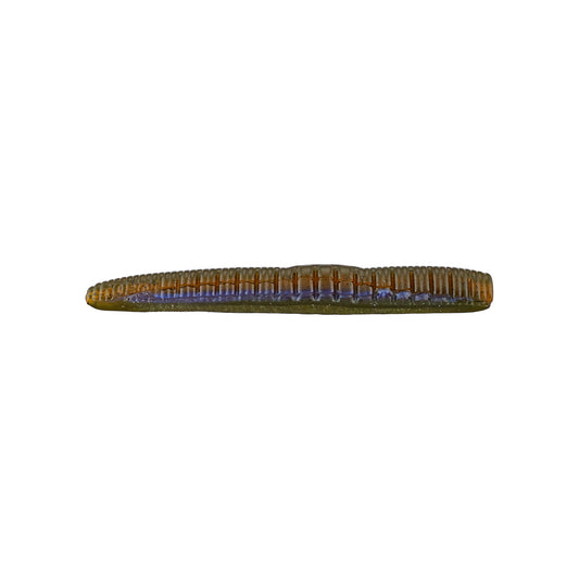 The Roboworm NED Worm by Roboworm is a segmented, elongated rubber fishing lure designed to mimic a worm with its brown, black, and iridescent colors. Perfect for ned rig setups, this textured and slightly curved lure casts a distinctive shadow on a white background.
