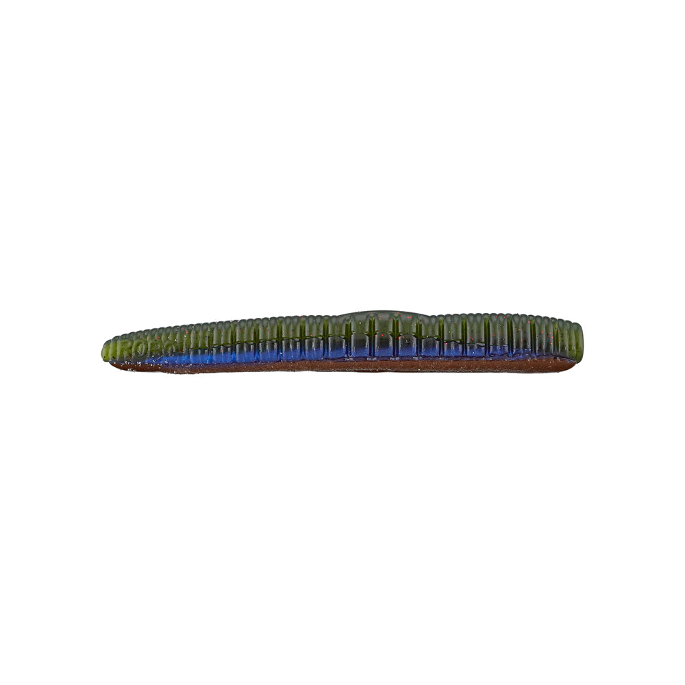 The Roboworm NED Worm, by Roboworm, is a green artificial lure with a worm-like shape, ribbed texture, and two-tone coloration—brown underside and green top—ideal for the ned rig and any fishing expedition.