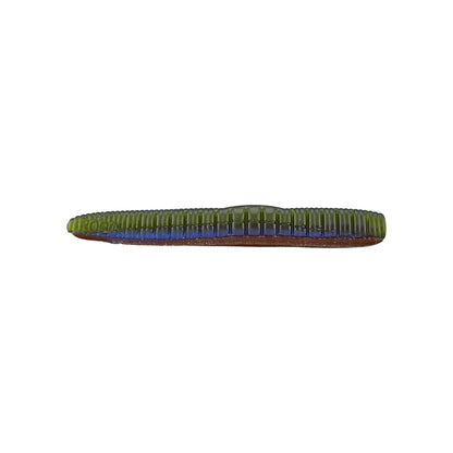A close-up of the Roboworm NED Worm, featuring a green top and blue underbelly. Crafted by Roboworm to mimic a worm or baitfish, this versatile lure enhances angling success, ideal for Ned rigging or as part of your multi-purpose fishing toolkit.