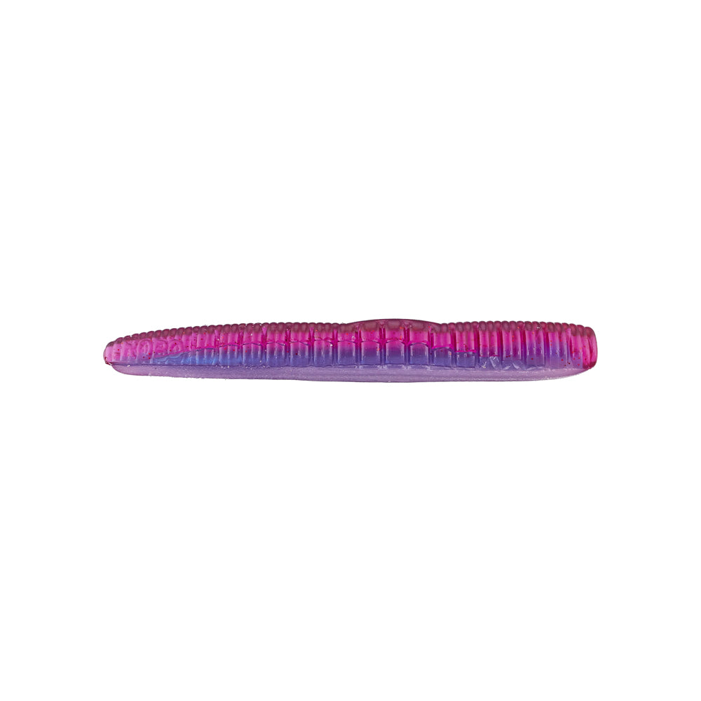 A pink and purple ribbed plastic fishing lure imitates the Roboworm NED Worm, featuring a tapered body and segmented, glossy finish for versatile fishing techniques.
