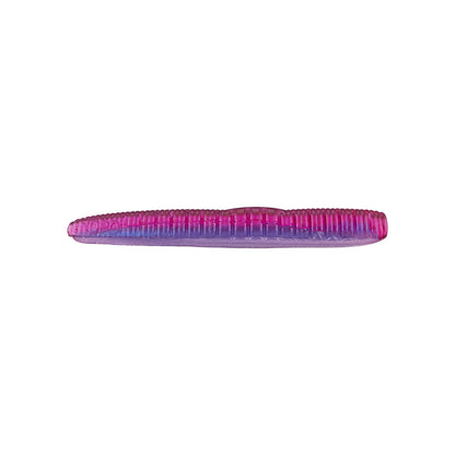 A pink and purple ribbed plastic fishing lure imitates the Roboworm NED Worm, featuring a tapered body and segmented, glossy finish for versatile fishing techniques.