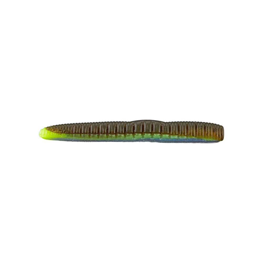The Roboworm NED Worm by Roboworm features a two-toned, ribbed design with a segmented body. It is brown on the top half, transitioning to green at one end with a blue glistening hue, perfect for the ned rig.