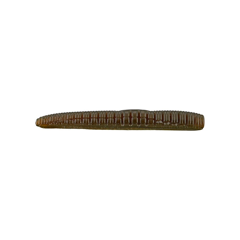 Against a white background, the Roboworm NED Worm, a green-brown ribbed soft plastic lure resembling a worm, is ideal for ned rig setups. It's an essential tool for anglers seeking versatility and effectiveness in various fishing environments.