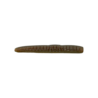 Against a white background, the Roboworm NED Worm, a green-brown ribbed soft plastic lure resembling a worm, is ideal for ned rig setups. It's an essential tool for anglers seeking versatility and effectiveness in various fishing environments.