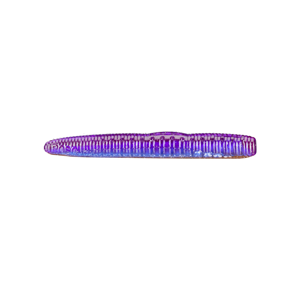 A segmented, cylindrical Roboworm NED Worm from Roboworm features a textured surface, displayed in purple and blue gradients against a plain white background.