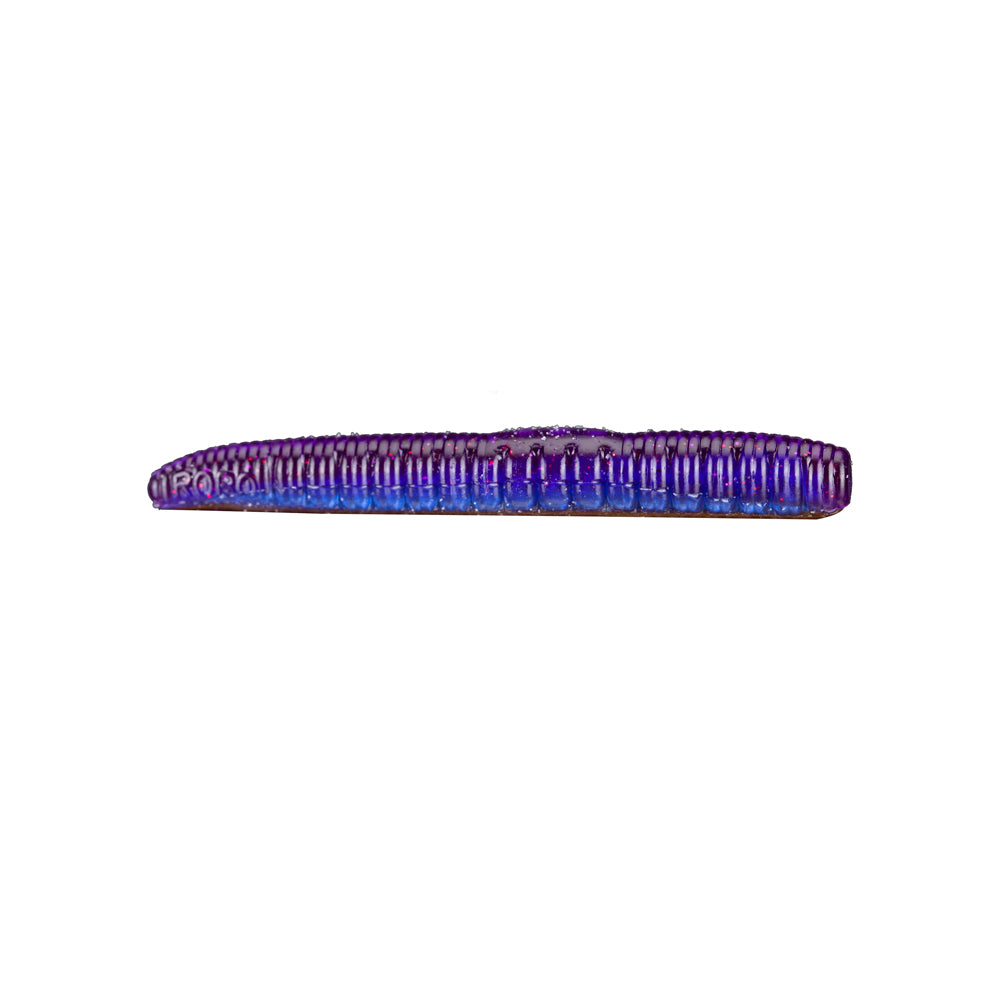 Introducing the Roboworm NED Worm from Roboworm, a purple and blue ribbed soft plastic lure that expertly mimics a worm. Perfect for ned rig setups, this versatile bait is your go-to tool for landing big catches.
