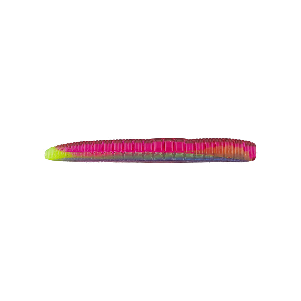 A close-up of a cylindrical, segmented fishing lure by Roboworm. The top half is pink with a neon green tip, while the bottom transitions from yellow to blue, mimicking the textured surface and design of a Roboworm NED Worm.
