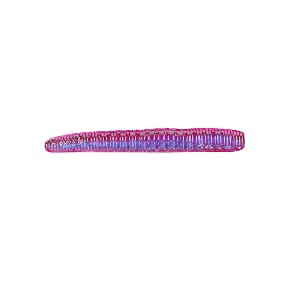 The Roboworm NED Worm features a pink and purple design with an iridescent finish, showcasing a curved, slender shape and small textured grips along its edge.
