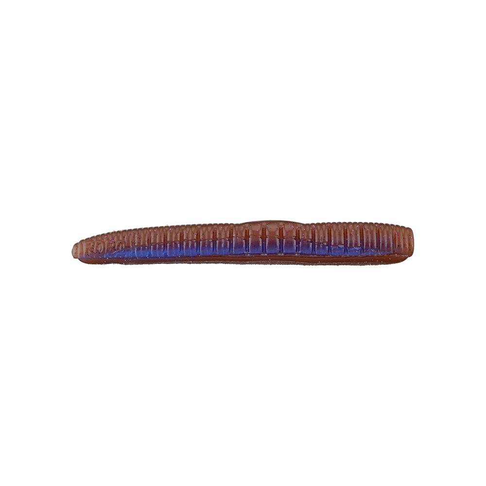 A close-up of the Roboworm NED Worm, a brown and blue soft plastic bait by Roboworm, lies horizontally against a white backdrop. Ideal for ned rig setups, it showcases a textured surface with ridges and a tapered body.