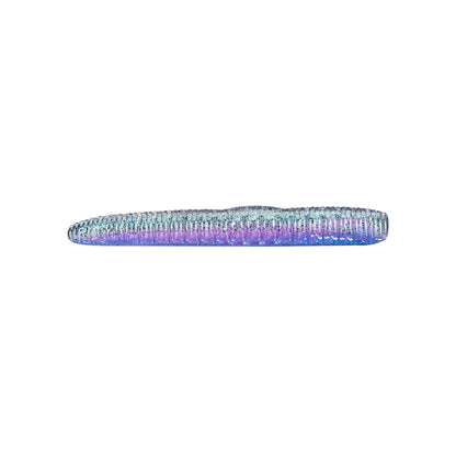 A detailed shot of an artfully crafted Roboworm NED Worm displays a vibrant blend of blue, purple, and turquoise hues. Its ribbed surface and elongated shape, reminiscent of decorative glass art, stand out against a white background.