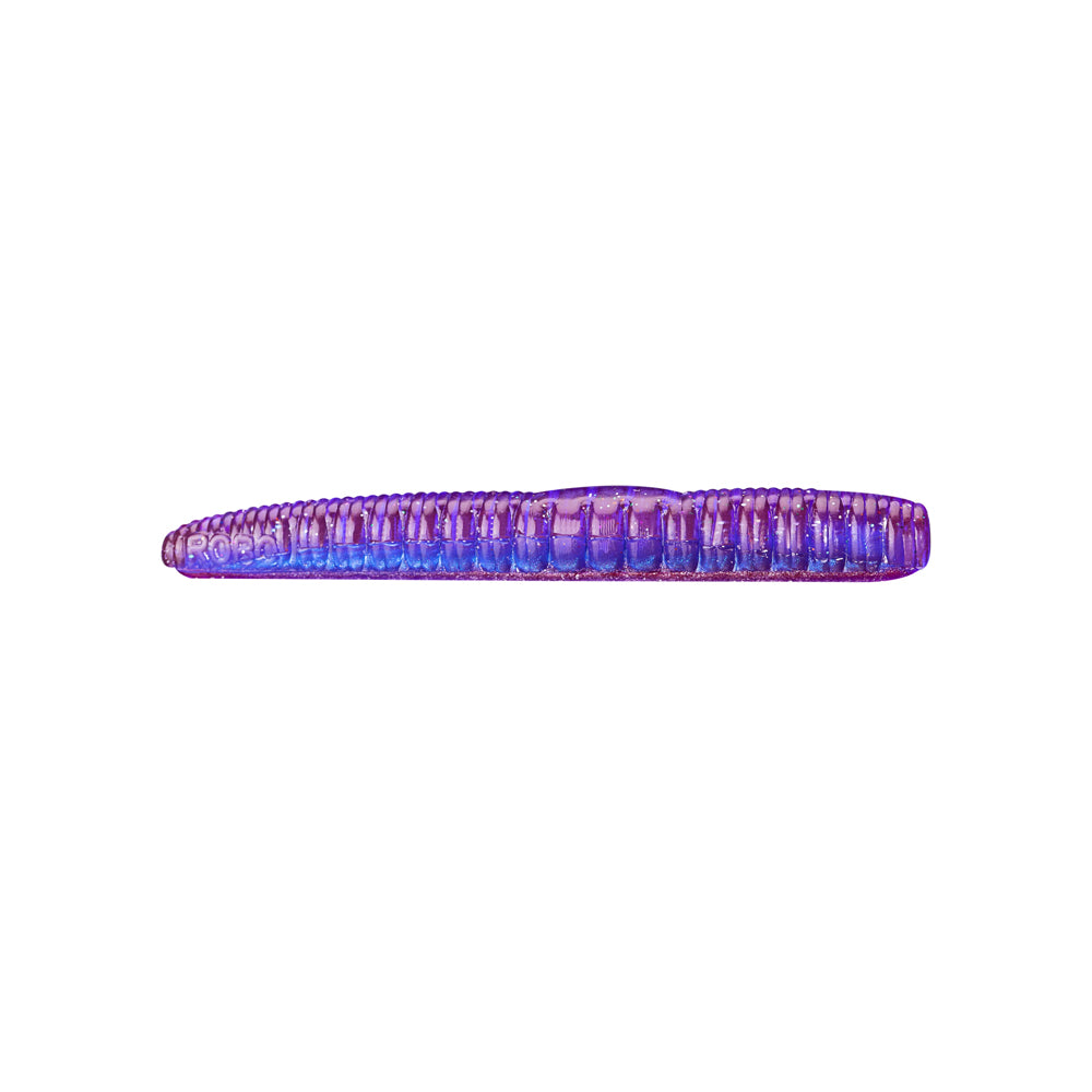 A close-up of a Roboworm NED Worm, a purple segmented object with a shiny, textured surface, is set against a plain white background.