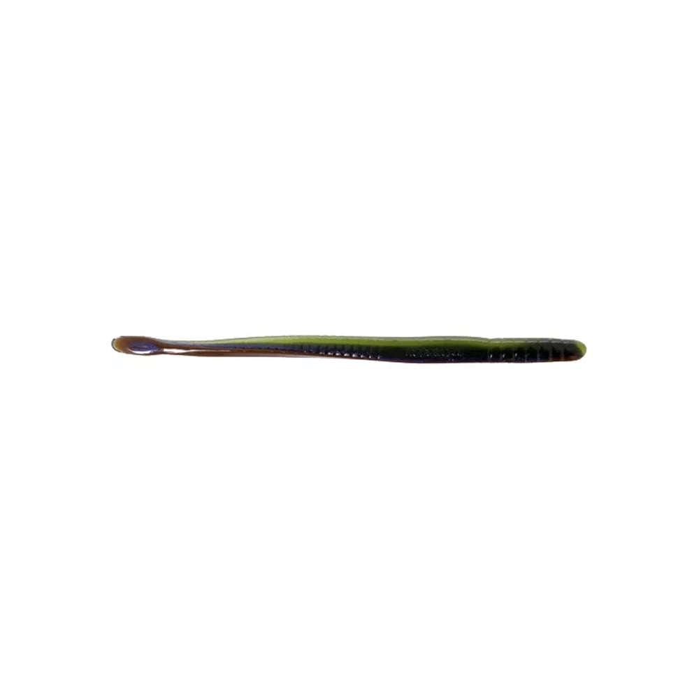 A long, slender fishing lure mimics Roboworm Fat Straight Tail Worms with a dark brown to green gradient and subtle curve, featuring Salt Release Technology, isolated on a white background.