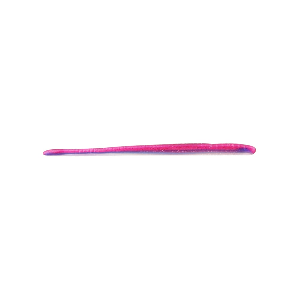 A pink and purple Roboworm Fat Straight Tail Worms lure, designed with advanced Salt Release Technology, lies on a white background.