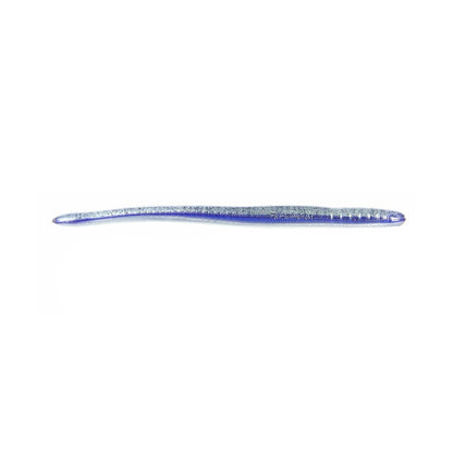 A shiny blue Roboworm Fat Straight Tail Worm, designed with Salt Release Technology and resembling a worm, is showcased against a white background.