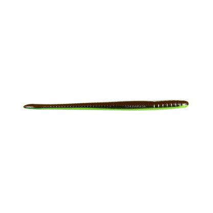 The Roboworm Fat Straight Tail Worms feature a two-toned green and brown worm design crafted from plastic. This lure has a smooth texture, tapered body, and Salt Release Technology, positioned horizontally on a white background. Brand: Roboworm.