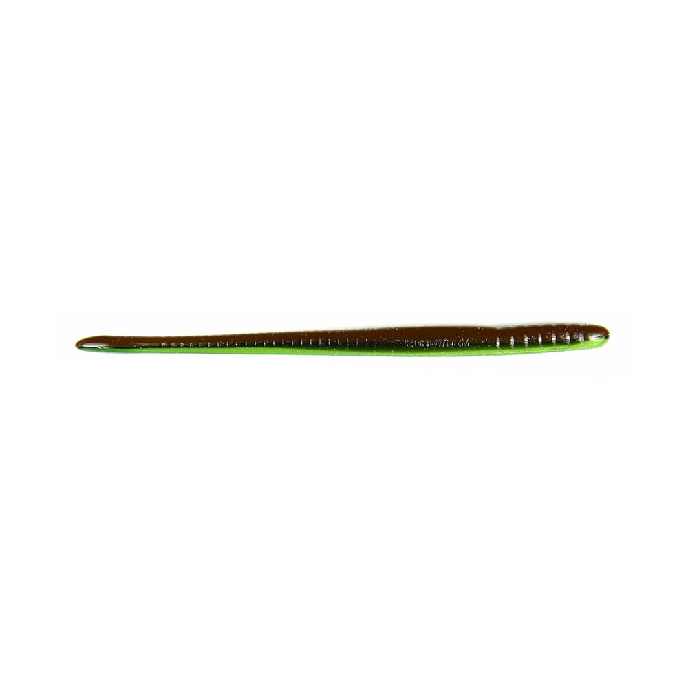 A Roboworm Fat Straight Tail Worm on a white background, featuring brown on top and green beneath, with a tapered design to mimic a live worm's motion. Enhanced with Salt Release Technology, it increases attraction.