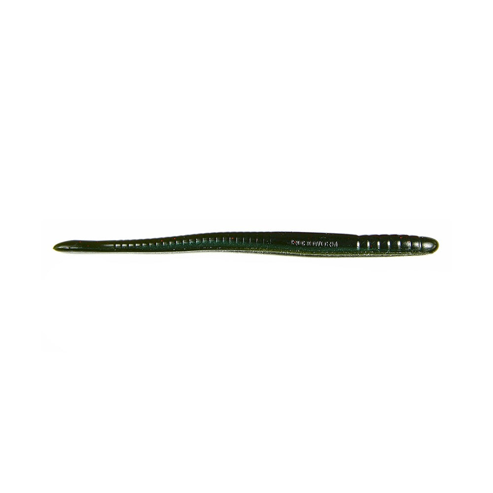 Displayed against a plain white background, the Roboworm Fat Straight Tail Worms by Roboworm, realistically mimic plastic worms with their dark green color, segmented design, and slight shine, enhanced by Salt Release Technology.