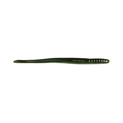 Displayed against a plain white background, the Roboworm Fat Straight Tail Worms by Roboworm, realistically mimic plastic worms with their dark green color, segmented design, and slight shine, enhanced by Salt Release Technology.