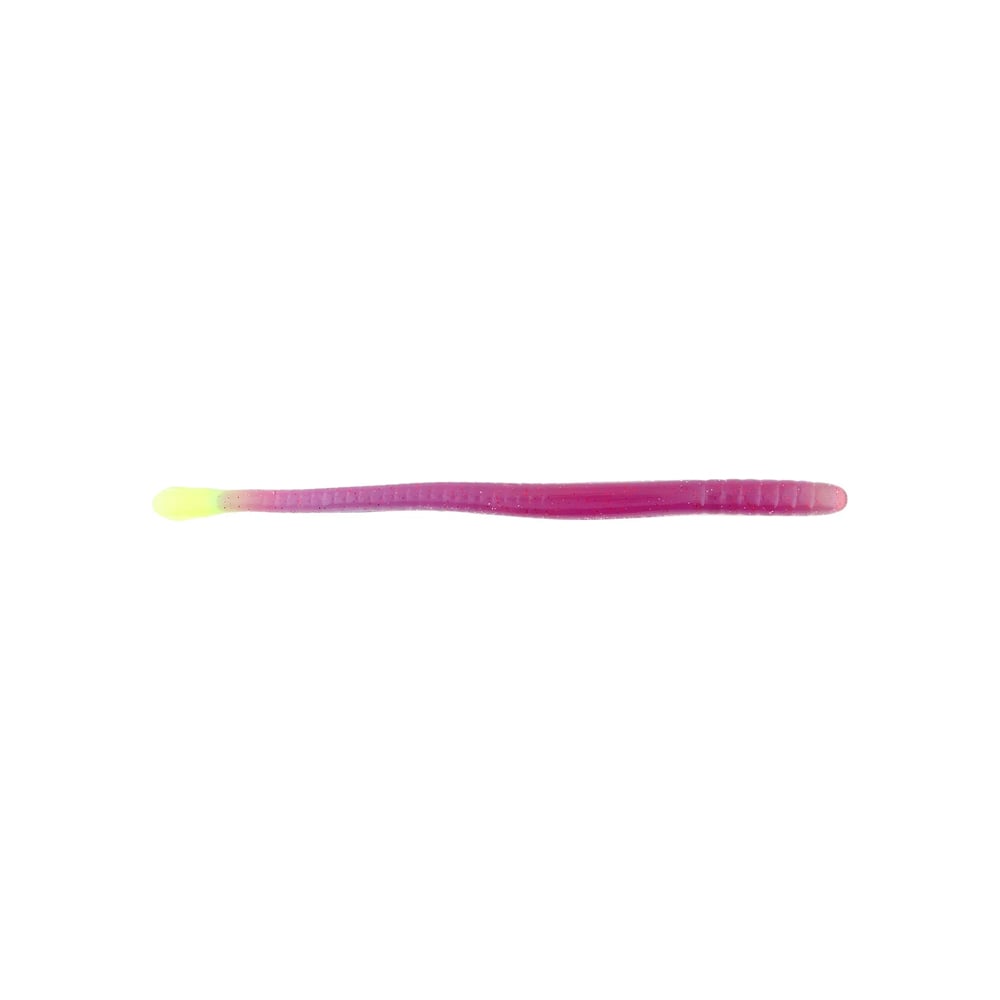 The Roboworm Fat Straight Tail Worms feature a ridged, slender body with a pink-to-purple gradient from head to tail and a lighter yellow head. Enhanced with Salt Release Technology, this small fishing bait by Roboworm is isolated on a plain white background.
