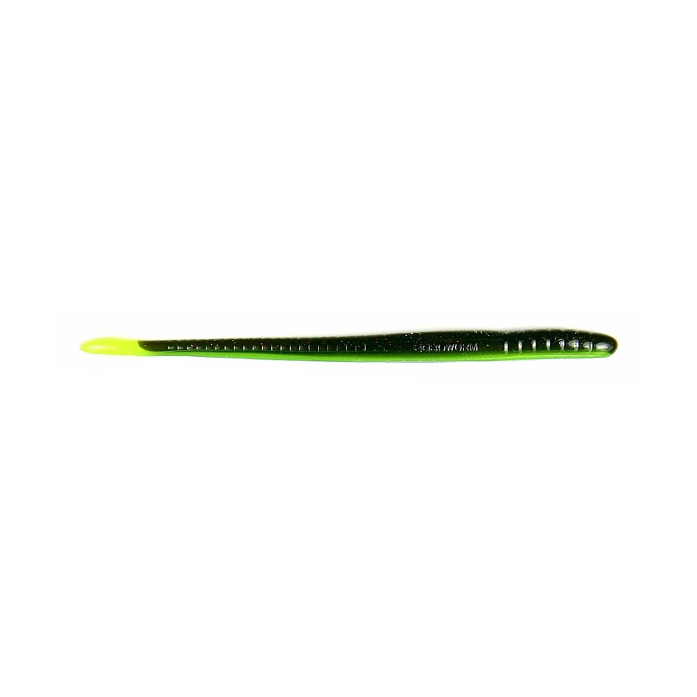 The Roboworm Fat Straight Tail Worms boast a green, worm-like design with Salt Release Technology. Featuring a darker top, lighter underside, small textured bumps, tapered shape, and neon green tip for a glossy look, these worms stand out in the plastic lure category.