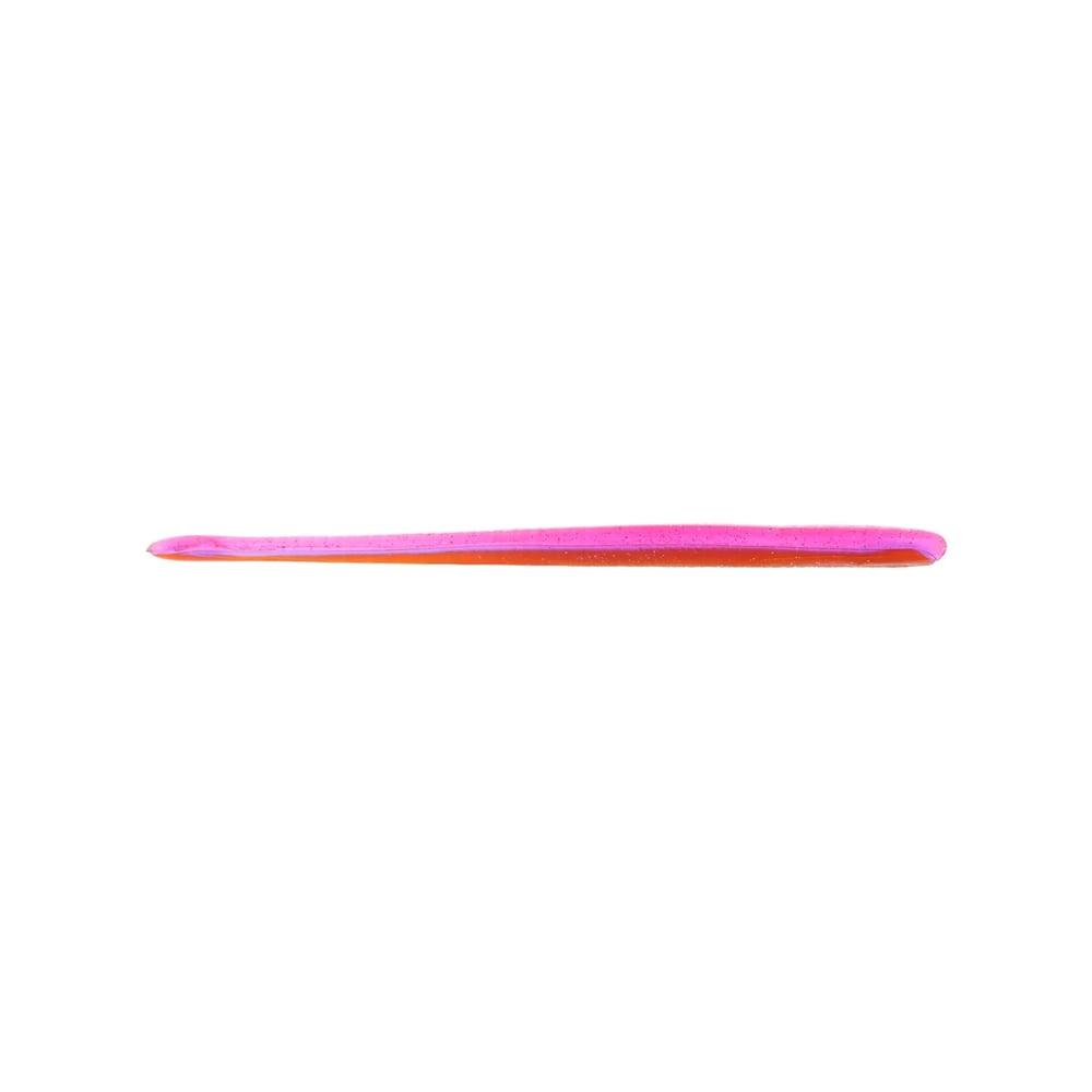 An isolated thin, elongated worm resembling Roboworm Fat Straight Tail Worms, featuring a pink top and an orange underside, stands out on a white background.